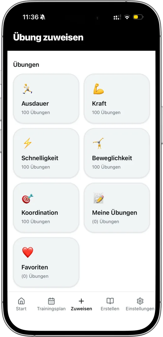Übungskategorien in der TrainBack App