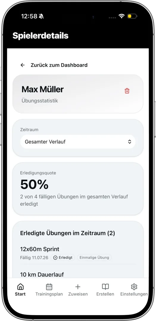 Erledigungsquote und Übungshistorie eines Spielers in der TrainBack App