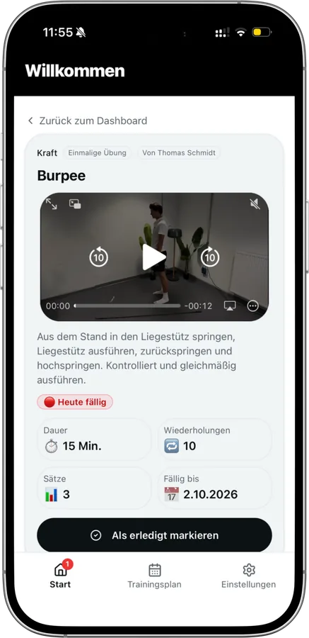 Übung als erledigt markieren in der TrainBack App