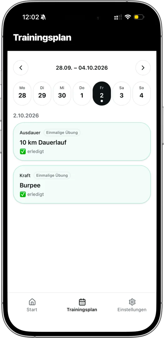 Trainingsplan mit anstehenden Übungen in der TrainBack App