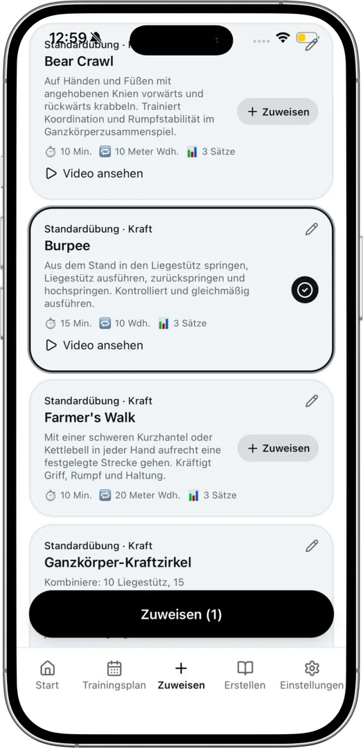 Übungen in der TrainBack App sammeln